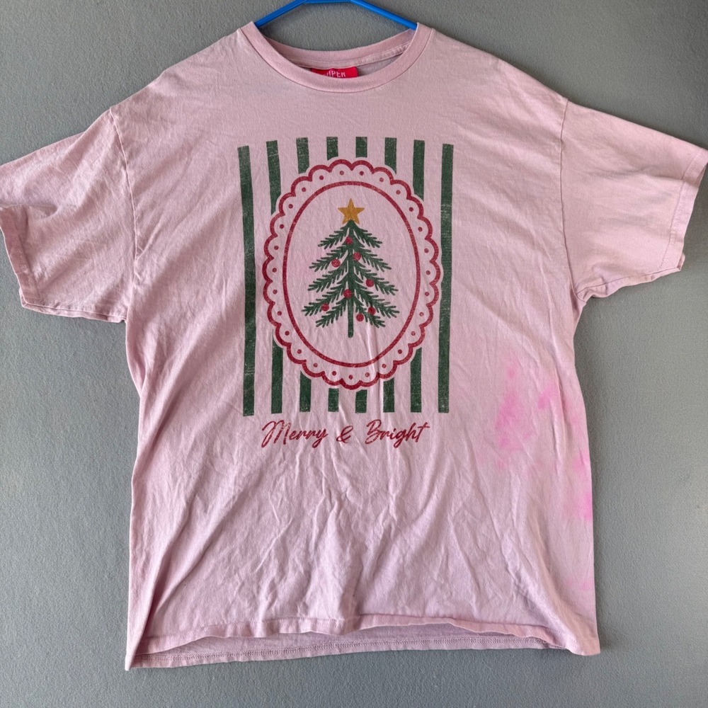 Super Mrkt Merry & Bright Christmas Tree Graphic Tee‎ Pink Unisex Size M/L Fair